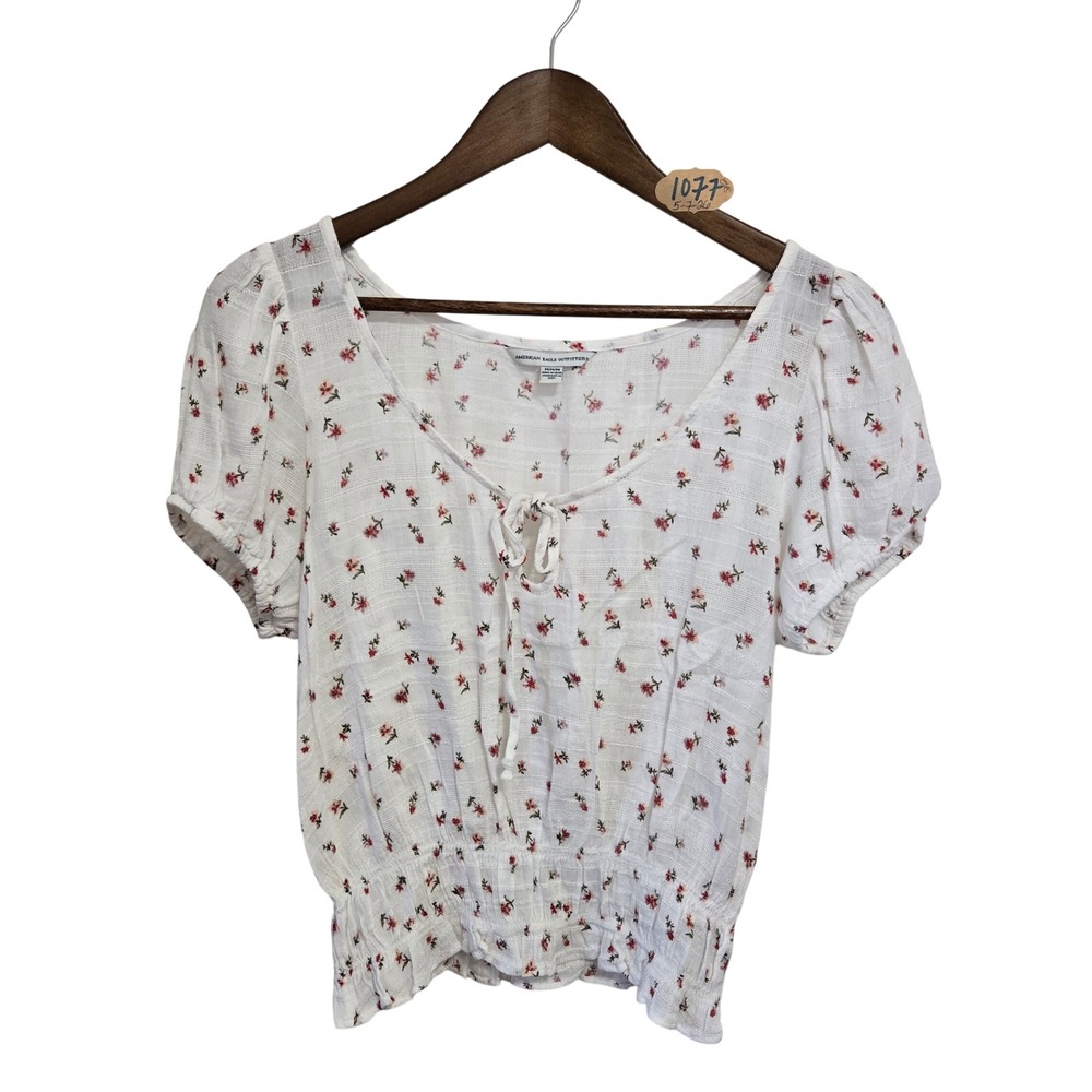 American Eagle Floral Puff Sleeve Smocked Crop Top White Red Womens Medium M